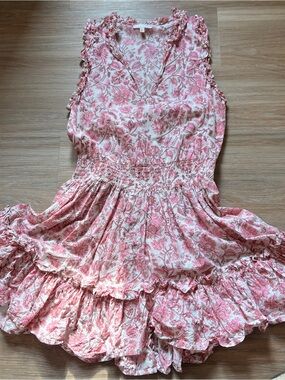 Anna Cate Pink Floral Ruffle Mini Dress Cotton Sleeveless L smocked waist